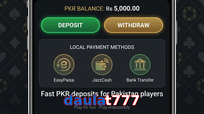Deposit and withdrawal screen with PKR methods